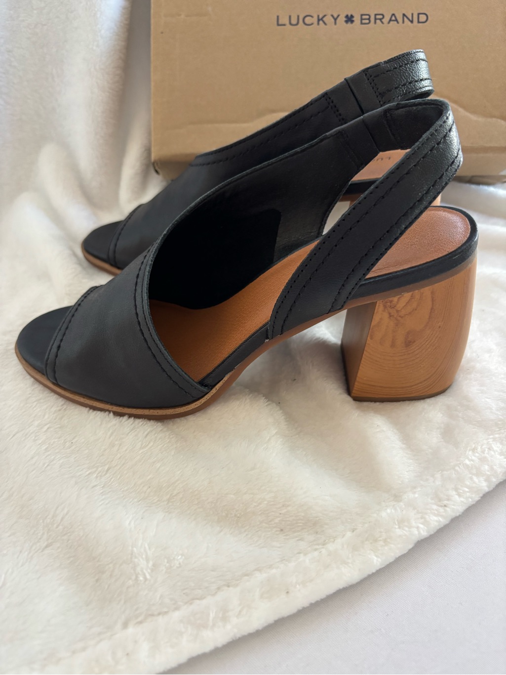 Lucky Brand Lk-Xilna Leather Open-Toe Slingback Block Heel Black Size 10m